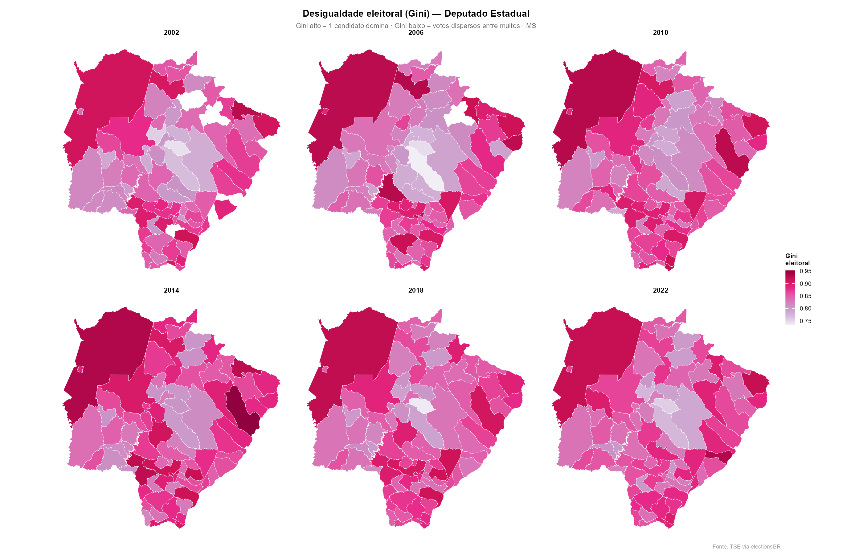 Desigualdade eleitoral (Gini) — Deputado Estadual em MS, 2002–2022
