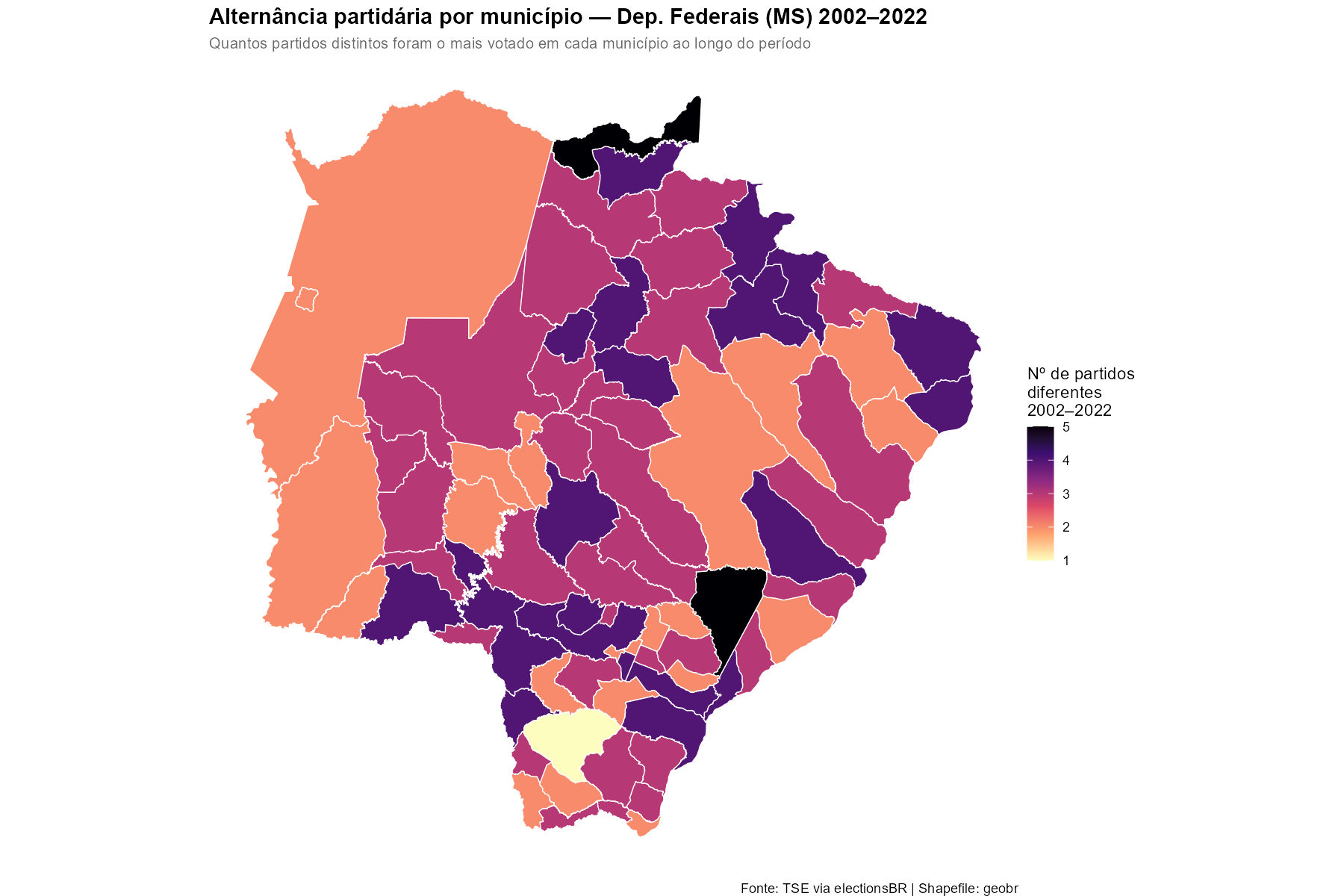 Alternância partidária por município — Dep. Federais MS (2002–2022)