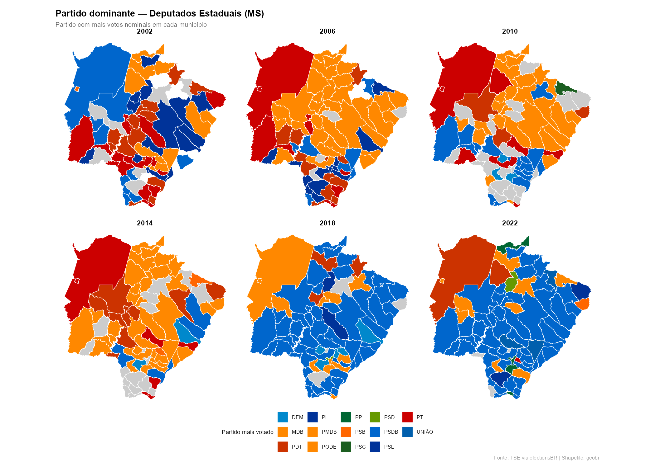 Partido dominante por município — Deputados Estaduais MS (2002–2022)