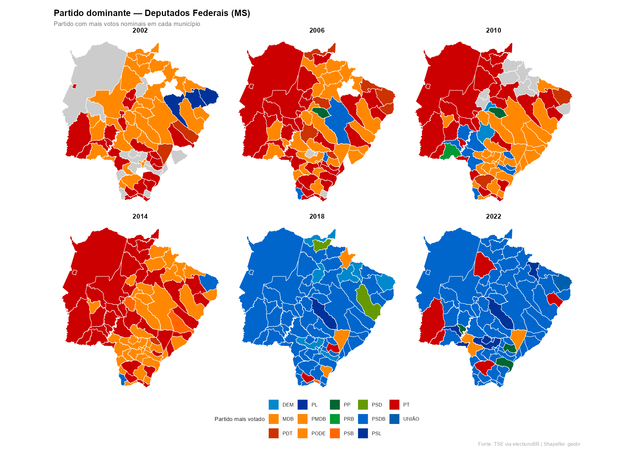 Partido dominante por municipio - Deputados Federais MS (2002-2022)
