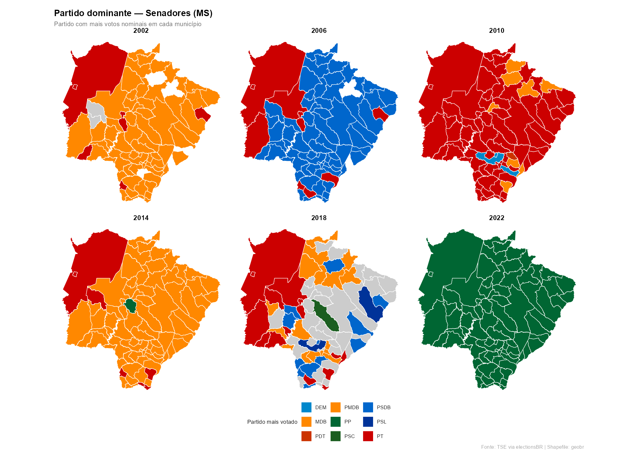 Partido dominante por município — Senadores MS (2002–2022)
